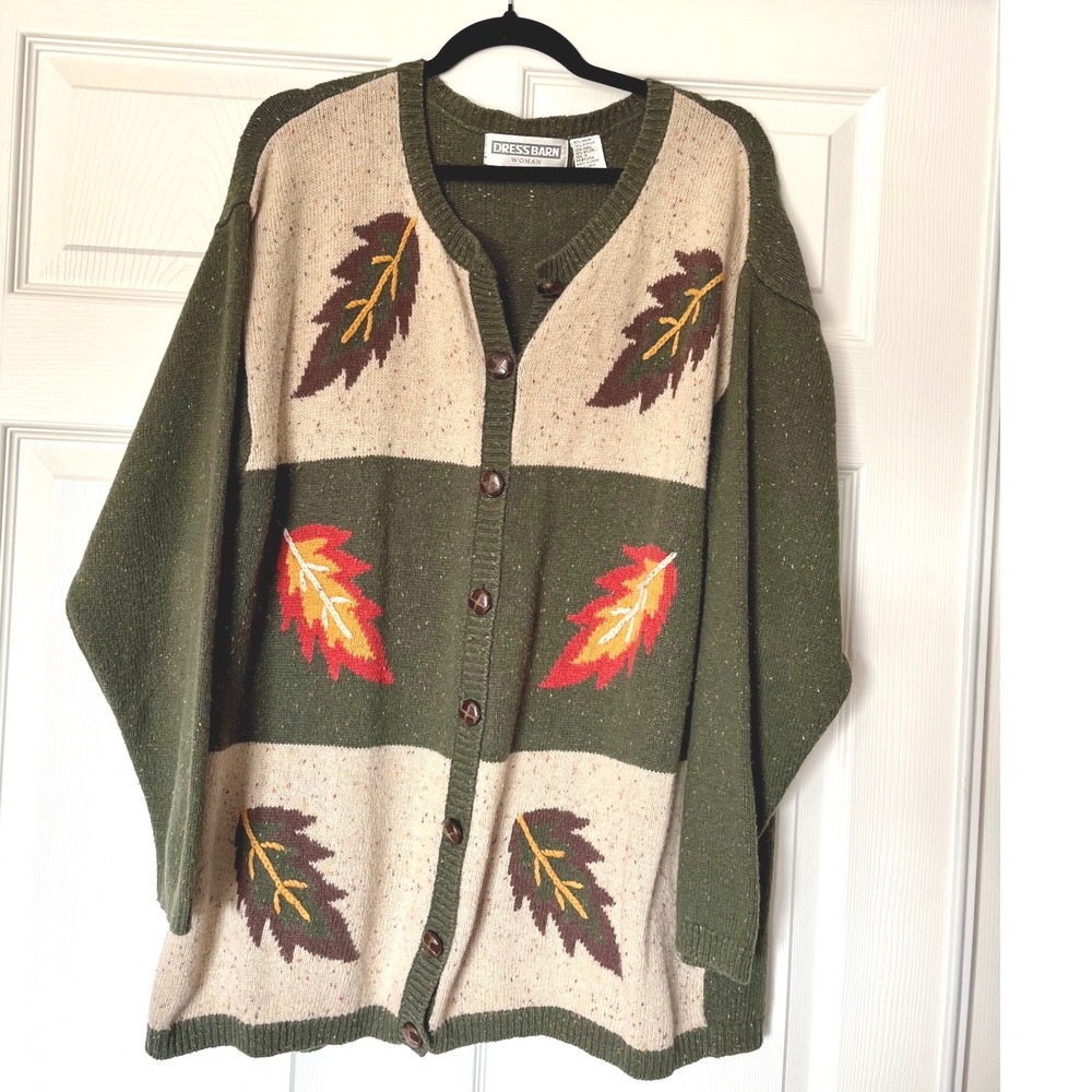 Dressbarn Woman Vintage Leaf Intarsia Cardigan Sweater Green Wool Blend 1X